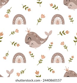 Seamless pattern with whale, rainbow and flower in cartoon flat style. Happy Mothers day digital paper perfect for scrapbook paper, decor, background, fabric. Hand drawn vector pattern