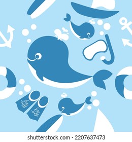 Seamless pattern with whale, sailboat, anchor, fins, diving goggles on light blue background. Flat vector illustration.