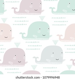 Seamless pattern with whale. Scandinavian style. Summer marina background. Stock vector. Perfect for fabric, textile. Vector background.