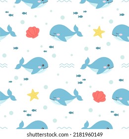 Seamless pattern whale  in the sea. Cute whale, starfish, sea shell, and fish on a white background. Design for fabric or decor.