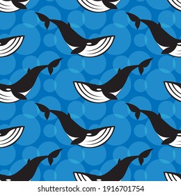 seamless pattern with whale and sea on blue background