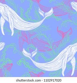 Seamless pattern with whale, sea plants and seaweeds. Marine flora and fauna in pastel colors. Concept design for print, poster, invitation, fabric. Vector illustration