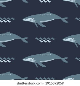 seamless pattern with whale and sea wave on blue background