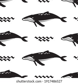 seamless pattern with whale and sea wave on white background