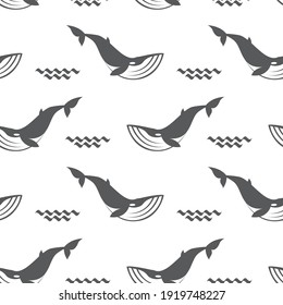 seamless pattern with whale and sea wave on white background