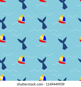 Seamless pattern of whale and ship in the ocean.