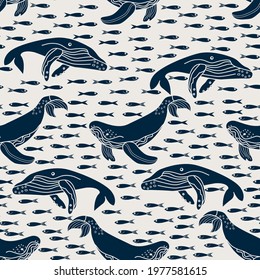 seamless pattern with whale and small fish, vector design for paper, fabric and other surface