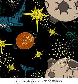 seamless pattern, whale in space. Decor with fabric, wallpaper, paper, postcard