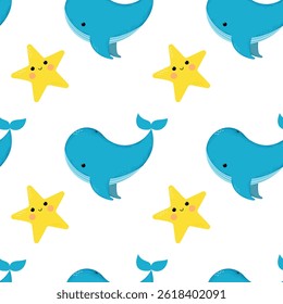 Seamless pattern with whale and star. Cute cartoon sea animals.
