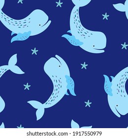 Patrón sin foco con estrella de ballena en un fondo azul. Para el diseño de telas, papel pintado, fondos, estampado, impresiones, carteles, postales, tarjetas, etc. Vector