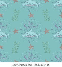 Seamless pattern with whale, starfish, seaweed and lettering. Vector illustration.