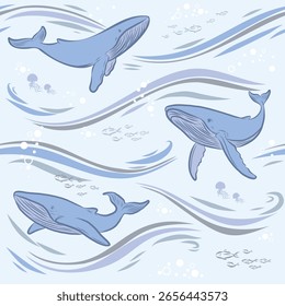Patrón sin fisuras de la natación de la ballena. El archivo EPS es Vector y se puede editar para la forma, el diseño y el color.