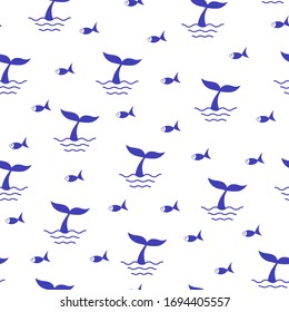 Seamless pattern whale tail and fish  ocean.