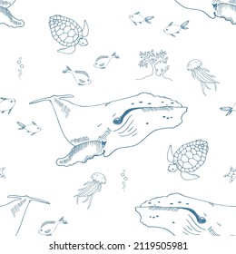 Seamless pattern with whale and under water creatures, sea life, fish