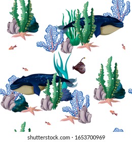 Patrón sin mar con ballena en el paisaje submarino. Vector.