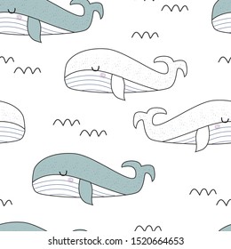 Seamless pattern with whale. Vector illustration for printing on fabric, packaging paper, clothing, dishes, holiday products. Cute baby background.
