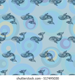 Seamless pattern with whale, zentangle style