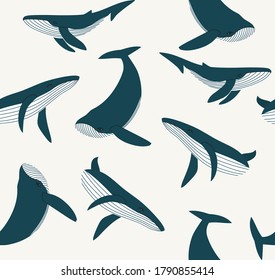 Seamless pattern of whale's background elements, isolated on beige. Undersea world. Marine life. Hand-drawn illustration in flat style. 