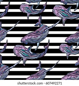 Seamless pattern with whales and black stripes. Vector illustration.