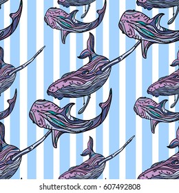 Seamless pattern with whales and blue stripes. Vector illustration.