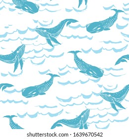Seamless pattern with whales. Blue  water waves. 
