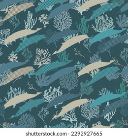 Seamless pattern with whales. Bottlenose whales vector illustration . Perfect for wallpaper, web page background, surface textures and textile print.