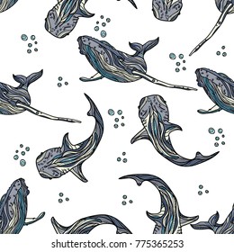 Seamless pattern with whales  and bubbles. Vector illustration. Typography design elements for prints, cards, posters, products packaging, branding.