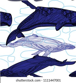 Seamless pattern with whales. Coloring for children, meditative coloring. Doodling, mandala pattern. Drawing by hand. Stylish background. The sea pattern.