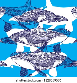 Seamless pattern with whales. Coloring for children, meditative coloring. Doodling, mandala pattern. Drawing by hand. Stylish background. The sea pattern.