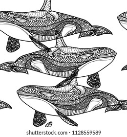 Seamless pattern with whales. Coloring for children, meditative coloring. Doodling, mandala pattern. Drawing by hand. Stylish background. The sea pattern.