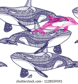 Seamless pattern with whales. Coloring for children, meditative coloring. Doodling, mandala pattern. Drawing by hand. Stylish background. The sea pattern.