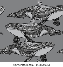 Seamless pattern with whales. Coloring for children, meditative coloring. Doodling, mandala pattern. Drawing by hand. Stylish background. The sea pattern.