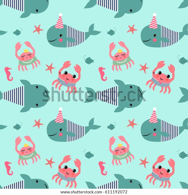 Vector De Stock Libre De Regalias Sobre Patron Sin Mar Con Ballenas Cangrejos 611192072