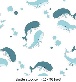 Seamless pattern with whales are cute. Awesome whales on white background in vector. Whale childish.