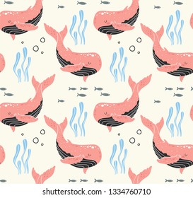 Seamless pattern. Whales - cute characters. Vector illustration cartoon style. Perfect for invitations, greeting cards, wrapping paper, posters, fabric print.