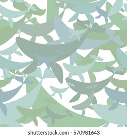 Seamless pattern with whales of different colors. Marine background. Vector illustration.