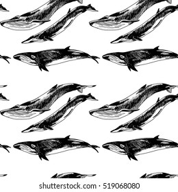 Seamless pattern with whales and dolphins. Drawing by hand in vintage style.