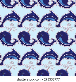 Seamless pattern with whales and dolphins - ornamental background.