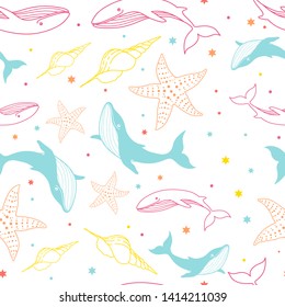 Seamless pattern with whales, dolphins, starfish, seashells and dots. Marine theme. Hand-drawn illustration.
