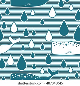 Seamless pattern with whales and drops in striped background. 