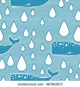 Seamless pattern with whales and drops in striped background. 