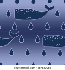Seamless pattern with whales and drops in striped background. 
