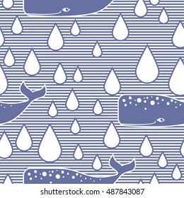 Seamless pattern with whales and drops in striped background. 