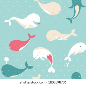 Seamless pattern of whales fish in coral and sea blue, graphic geometric abstract minimal retro vintage, sweet happy kids background illustration in vector
