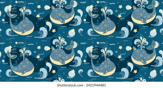 Seamless pattern with whales and fish. Hand drawn vector illustration.