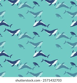 Seamless Pattern of Whales and Fish on an Oceanic Background