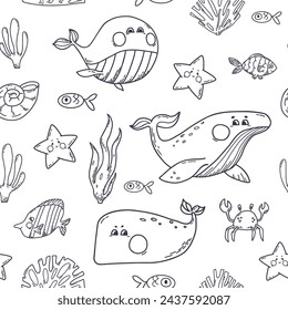 Seamless Pattern with whales, fishes and seaweed. Vector illustration on white background with ocean aquatic animals. Perfect for wallpaper, wrapping paper