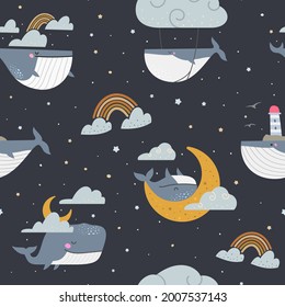 Seamless pattern of whales floating in dark starry sky with clouds