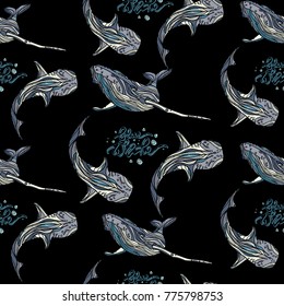 Seamless pattern with whales and hand drawn caption.Blue Whale. Vector illustration. Typography design elements for prints, cards, posters, products packaging, branding.