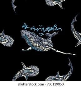 Seamless pattern with whales and hand drawn caption.Oh my whale. Vector illustration. Typography design elements for prints, cards, posters, products packaging, branding.